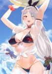  1girl alternate_costume azur_lane bangs bikini black_bikini black_hairband blue_sky blush breasts cleavage eyewear_on_head feet_out_of_frame grey_hair hairband hands_up holding_lifebuoy large_breasts long_hair looking_at_viewer navel ocean one_eye_closed open_clothes open_mouth open_shirt out_of_frame oxygen_mask_(oxygenmask233) prinz_heinrich_(azur_lane) red_eyes see-through shirt sky smile solo standing stomach sunglasses swimsuit wet wet_clothes white_shirt 