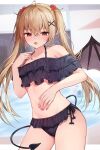  1girl absurdres ahoge bangs bare_shoulders bikini black_bikini blurry blurry_background blush breasts brown_hair brown_wings cleavage collarbone commentary_request demon_girl demon_tail demon_wings depth_of_field fang frilled_bikini frills groin hair_between_eyes hair_bobbles hair_ornament hairclip hand_up highres long_hair navel nose_blush off-shoulder_bikini off_shoulder open_mouth original racchi. red_eyes sidelocks small_breasts solo swimsuit tail twintails very_long_hair weight_conscious wings x_hair_ornament 