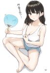  1girl absurdres bangs bare_legs bare_shoulders barefoot black_eyes black_hair blue_shorts blush breasts butterfly_sitting from_above hand_fan highres holding holding_fan large_breasts long_hair looking_at_viewer looking_up mole mole_under_eye open_mouth original shirt shirt_tug short_shorts shorts sitting solo sweat takenoko_no_you tank_top toes white_shirt 