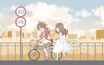  1boy 1girl :d bangs bare_shoulders bicycle blue_sky bow brown_eyes brown_hair brown_shorts closed_eyes cloud cloudy_sky dress flower full_body ground_vehicle hair_bow highres holding holding_flower hood hoodie long_hair luke_pearce_(tears_of_themis) open_mouth outdoors riding riding_bicycle road_sign rosa_(tears_of_themis) short_hair short_sleeves shorts sign sky sleeveless sleeveless_dress smile sundress tears_of_themis walking white_dress white_hoodie yellow_flower yingchuan981 younger 