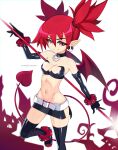  1girl absurdres black_bra black_footwear black_gloves black_thighhighs boots bra breasts darkmoney14 demon_girl demon_tail disgaea earrings elbow_gloves etna_(disgaea) gloves highres holding holding_polearm holding_weapon jewelry looking_at_viewer makai_senki_disgaea navel pelvic_curtain pointy_ears polearm red_eyes red_hair short_hair skirt skull_earrings small_breasts solo standing standing_on_one_leg studded_bracelet tail thigh_boots thighhighs thighhighs_under_boots twintails underwear weapon 