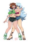  2girls absurdres albedo_(ben_10) arm_around_neck ben_10 benjamin_kirby_tennyson breasts brown_hair commentary crop_top crop_top_overhang denim denim_shorts english_commentary genderswap genderswap_(mtf) gerph green_eyes grey_hair high_heels highres hug hug_from_behind large_breasts long_hair medium_hair multiple_girls one_eye_closed open_mouth red_eyes short_shorts shorts signature smile strap_slip underboob 