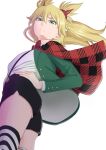  1girl bangs black_shorts blonde_hair bow bowtie burn_the_witch capelet easy_(aqk7bdqt) floating_hair from_below from_side frown green_eyes green_jacket hair_between_eyes hand_on_hip jacket long_hair long_sleeves ninny_spangcole open_clothes open_jacket plaid_capelet red_bow red_bowtie red_capelet shiny shiny_hair shirt short_shorts shorts simple_background solo striped striped_thighhighs suspender_shorts suspenders thighhighs twintails two_side_up white_background white_shirt 