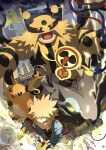  1boy black_pants black_shirt blonde_hair blue_eyes blue_jacket cable closed_mouth e_volution electivire from_above jacket long_sleeves luxray male_focus open_clothes open_jacket pants pokemon pokemon_(creature) pokemon_(game) pokemon_dppt raichu rotom rotom_(fan) shirt short_hair spiked_hair volkner_(pokemon) 