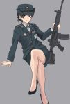  1girl assault_rifle black_eyes black_footwear black_hair black_jacket black_skirt closed_mouth collared_shirt crossed_legs grey_background gun h&amp;k_hk416 hair_bun hat highres holding holding_gun holding_weapon id_card invisible_chair jacket long_sleeves looking_at_viewer military military_hat military_uniform original perfect_han rifle shirt simple_background single_hair_bun sitting skirt smile solo uniform weapon 