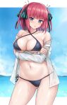  1girl :o arms_under_breasts ass_visible_through_thighs bare_shoulders bikini black_bikini blue_sky blush breasts chestnut_mouth cloud contrapposto crossed_arms go-toubun_no_hanayome hair_ribbon highres large_breasts letterboxed looking_at_viewer nakano_nino navel off_shoulder parted_lips pink_hair r-binon ribbon shirt short_hair side-tie_bikini sky solo stomach swimsuit thighs two_side_up v-shaped_eyebrows wet wet_clothes wet_shirt white_shirt 