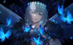  1boy absurdres alternate_hair_color arthropod_boy bangs black_hair blue_butterfly blue_eyes bug butterfly cloak collared_shirt commentary_request crown diamond_hairband fate/grand_order fate_(series) fur-trimmed_cloak fur_collar fur_trim highres insect_wings kotatsu_kaya long_sleeves looking_at_viewer male_focus medium_hair oberon_(fate) oberon_(third_ascension)_(fate) official_alternate_costume shirt smile solo spoilers teeth upper_body white_shirt wings 