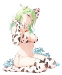  1girl absurdres animal_print antlers bell bikini braid braided_bangs bridal_gauntlets ceres_fauna cow_print cowbell earrings green_hair highres hololive hololive_english jewelry kneeling long_hair looking_at_viewer notcy4n print_bikini side-tie_bikini simple_background solo swimsuit thighhighs virtual_youtuber white_background yellow_eyes 