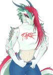  ameryukira anhjhira anthro asian_mythology blue_eyes bottomwear clothing costume dragon east_asian_mythology eastern_dragon female green_body green_scales hair hi_res hynvale mythology pants pinup pose red_hair scales scalie shirt smile solo spikes topwear western_dragon 