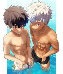  2boys abs bangs batsusuke black_hair black_male_swimwear blush brown_eyes bulge collarbone day from_above grin highres looking_at_viewer male_focus male_pubic_hair male_swimwear multiple_boys naughty_face navel nipples original outdoors outside_border pectorals pubic_hair pubic_hair_peek pulled_by_self red_eyes sanpaku shiny shiny_skin short_hair shorts_tan side-by-side smile spiked_hair standing swim_briefs swim_trunks tan tanlines toned toned_male wading water wet white_hair white_male_swimwear 