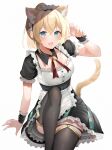  absurdres animal_ears bell black_thighhighs blonde_hair blue_eyes highres hololive holox kazama_iroha looking_at_viewer maid maid_headdress neck_bell open_mouth sitting skirt tail thighhighs virtual_youtuber yoshioka_(today_is_kyou) 