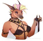  2022 5_fingers anthro breasts clothed clothing collar digital_media_(artwork) dragon eyebrows eyelashes female fingers hair hi_res leash looking_at_viewer non-mammal_breasts purple_eyes smile solo vexstacy wingless_dragon 