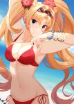  arm_up armpits bangs blonde_hair blue_eyes blush bracelet braid breasts granblue_fantasy jewelry large_breasts lips parted_hair red_swimsuit rin_ateria sunglasses swimsuit twintails zeta_(granblue_fantasy) zeta_(summer)_(granblue_fantasy) 