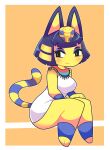  3_toes absurd_res animal_crossing ankha_(animal_crossing) anthro blue_hair breasts butt clothed clothing digital_media_(artwork) domestic_cat egyptian eyeshadow feet felid feline felis female fur hair hi_res looking_back makeup mammal nintendo onigiri_punch simple_background sitting solo toes video_games yellow_body 