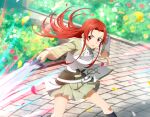  1girl armor breastplate collared_shirt day floating_hair grey_shirt grey_skirt hair_intakes holding holding_sword holding_weapon kneehighs long_hair long_sleeves miniskirt motion_blur open_mouth outdoors pleated_skirt red_eyes red_hair shiny shiny_hair shirt skirt socks solo standing straight_hair sword sword_art_online tiese_schtrinen v-shaped_eyebrows very_long_hair weapon wing_collar 