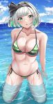  1girl bikini black_hairband blue_sky bob_cut breasts cleavage cloud day fisheye green_eyes grey_hair hairband highres horizon hossy kneehighs kneeling konpaku_youmu large_breasts looking_at_viewer ocean outdoors short_hair side-tie_bikini sky socks solo striped striped_bikini swimsuit touhou water wet wet_clothes wet_swimsuit 