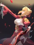  1girl absurdres ahoge arm_up blonde_hair braid braided_bun breasts cleavage closed_mouth cowboy_shot dress fate/extra fate_(series) from_side green_eyes hair_bun hair_intakes highres holding holding_sword holding_weapon large_breasts long_sleeves nero_claudius_(fate) nero_claudius_(fate/extra) petals profile short_hair_with_long_locks shrug_(clothing) sidelocks smile solo standing sungnyung15 sword weapon wide_sleeves 