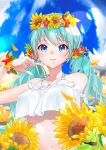  1girl absurdres anzu_(x_anzu_ill) bangs bikini blue_eyes blue_hair breasts collarbone flower hair_flower hair_ornament hatsune_miku head_wreath highres long_hair looking_at_viewer navel open_mouth pink_flower red_flower shiny shiny_hair small_breasts solo sunflower swimsuit twintails underboob upper_body vocaloid white_bikini yellow_flower 