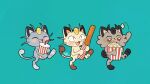  :d alolan_meowth black_eyes blush_stickers closed_eyes commentary_request cup drinking_straw fang food galarian_meowth green_background gulicina highres holding holding_cup meowth no_humans open_mouth pokemon pokemon_(creature) popcorn smile tongue 