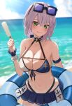  1girl :p absurdres arm_behind_back arm_strap beach bikini bikini_skirt blue_sky breasts cloud day eyewear_on_head food green_eyes grey_hair halterneck highres holding holding_food holding_innertube hololive innertube large_breasts looking_at_viewer navel outdoors popsicle popsicle_stick ryoha_kosako shirogane_noel short_hair sky solo stomach sunglasses swimsuit tongue tongue_out virtual_youtuber wet wrist_cuffs 