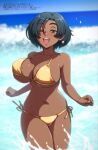  1girl akairiot bangs bikini black_hair blush bouncing_breasts breasts cleavage cover covered_nipples cowboy_shot dark-skinned_female dark_skin earrings english_commentary fake_cover gold_bikini gold_swimsuit hair_over_one_eye highres jewelry large_breasts looking_at_viewer mole mole_on_breast navel ocean one_eye_closed open_mouth original outdoors parody partially_submerged paz_ruiz_(akairiot) red_eyes running short_hair side-tie_bikini sky smile solo stomach style_parody swimsuit translation_request underboob wading water wet yellow_bikini 
