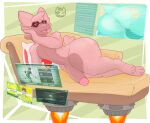  &lt;3_glasses 2022 anthro bedroom_eyes big_penis butt english_text eyewear fire genitals glasses gremlin_(spiral_knights) hand_on_butt hoverboard inviting male narrowed_eyes navel nude open_mouth open_smile penis pillow pink_body pink_eyes plooshytooshy plushy_(aurathecynders) queency_(aurathecynders) raised_tail seductive small_tail smile solo spiral_knights spread_butt spreading teal_body team_fortress_2 text text_box valve vein video_games 