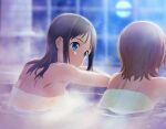  2girls bare_arms bare_shoulders bathing blonde_hair blue_eyes blurry blurry_background breasts brown_hair closed_mouth fizel_(sao) full_moon long_hair medium_breasts moon multiple_girls naked_towel partially_submerged ronye_arabel short_hair shoulder_blades sideboob smile steam straight_hair sword_art_online towel upper_body 