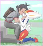  &lt;3 absurd_res anthro backpack blush cinderace clothing colored dark_hair digital_media_(artwork) duo eyes_closed footwear fur go_(pok&eacute;mon) grass hi_res human human_on_anthro interspecies kissing kneeling male male/male male_on_anthro mammal mr_fuwa nintendo paws plant pok&eacute;mon pok&eacute;mon_(species) pok&eacute;philia red_eyes shoes sitting thick_thighs tongue video_games white_body white_fur 