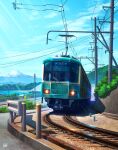  blue_sky bollard car cloud commentary_request enoshima_electric_railway grass ground_vehicle guard_rail highres motor_vehicle mountain mugumo_24k no_humans original outdoors power_lines railroad_tracks revision scenery sky train utility_pole watermark 