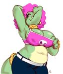  afro anthro backstreetcrab belly big_breasts breasts claws clothed clothing crocodilian digital_media_(artwork) donkey_kong_(series) eyelashes female hair hi_res jewelry kalypso looking_at_viewer midriff necklace nintendo non-mammal_breasts pink_afro pink_hair reptile scalie simple_background slightly_chubby smile solo standing topwear video_games 