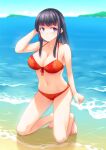  1girl arm_behind_head bangs bare_arms bare_legs bare_shoulders barefoot beach bikini black_hair blunt_bangs breasts cleavage collarbone commentary day floral_print front-tie_bikini front-tie_top full_body hand_up highres kirishima_kyouko_(sore_wa_rei_no_shiwaza_desu) kneeling large_breasts long_hair navel noise_(tsuzuki) official_art outdoors print_bikini purple_eyes red_bikini smile solo sore_wa_rei_no_shiwaza_desu swimsuit water waves 