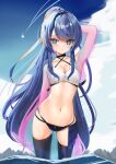  1girl absurdres arm_up armpits bangs bikini black_bikini black_choker black_thighhighs blue_eyes blue_hair blue_sky breasts choker cleavage closed_mouth cloud collarbone criss-cross_halter day floating_hair halterneck hand_in_own_hair highres indie_virtual_youtuber long_hair looking_at_viewer lowleg lowleg_bikini mismatched_bikini multi-strapped_bikini multicolored_hair nana_asteria navel outdoors pink_hair rifufu shiny shiny_hair skindentation sky small_breasts smile solo swimsuit thighhighs very_long_hair virtual_youtuber wading white_bikini 