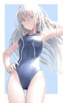  1girl blue_eyes breasts competition_swimsuit cowboy_shot grey_swimsuit hand_on_hip highleg highleg_swimsuit katahira_masashi long_hair looking_at_viewer medium_breasts one-piece_swimsuit original solo standing swimsuit thigh_gap white_hair 