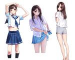  3girls arms_up ass bangs barefoot black_socks blue_neckerchief blue_sailor_collar blue_skirt blunt_bangs brown_eyes brown_hair commentary deadnooodles duplicate grey_shorts hands_up highres kneehighs long_hair looking_at_viewer looking_back miniskirt multiple_girls neckerchief original parted_lips pixel-perfect_duplicate pleated_skirt sailor_collar school_uniform shiny shiny_hair shirt short_sleeves shorts simple_background skirt socks symbol-only_commentary teeth wet wet_clothes wet_shirt wet_skirt white_background 