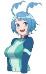  1girl :d alternate_hair_length alternate_hairstyle bangs blue_eyes blue_hair bodysuit boku_no_hero_academia breasts character_request commentary_request covered_navel hadou_nejire highres kobaji light_blue_hair looking_at_viewer medium_breasts open_mouth short_hair smile solo 