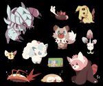  &gt;_&lt; +_+ :d :o alolan_vulpix bewear black_background charjabug claws closed_mouth commentary cutiefly fangs golisopod looking_up mimikyu morelull open_mouth pokemon pyukumuku rockruff rowlet simple_background sleeping smile ssalbulre tongue v wimpod zzz 