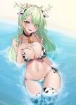  1girl absurdres animal_ears animal_print bare_arms bare_shoulders beach bell bikini black_choker braid breasts ceres_fauna choker cleavage collarbone cow_ears cow_horns cow_print cowbell fake_animal_ears fake_horns green_hair halterneck hand_on_own_chest hand_up highres hololive hololive_english horns large_breasts mole mole_under_eye navel open_mouth parfait_desu side-tie_bikini solo stomach string_bikini swimsuit thighhighs virtual_youtuber water wet white_bikini white_thighhighs yellow_eyes 