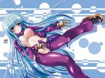 blue_hair blush breasts c.r. cleavage highres kula_diamond large_breasts long_hair nipples open_clothes pussy red_eyes solo the_king_of_fighters unzipped 