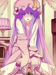  1girl blood blue_eyes blush cowgirl_position fakepucco girl_on_top hat hetero patchouli_knowledge penis pov purple_hair sex solo_focus straddling tears touhou vaginal virgin 