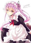  1girl alternate_costume apron black_dress dress eyebrows_visible_through_hair frills gradient_hair hair_between_eyes hair_flaps harusame_(kantai_collection) highres hizaka kantai_collection looking_at_viewer maid maid_apron maid_headdress multicolored_hair pink_hair red_eyes ribbon side_ponytail simple_background white_background 