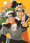  3boys akamaru_(naruto) black_hair black_pants bubble_blowing earrings fingernails forehead forehead_protector fur-trimmed_jacket fur_trim grey_jacket grin highres inuzuka_kiba jacket jewelry long_sleeves looking_at_viewer mirin_(coene65) multiple_boys nara_shikamaru naruto naruto_(series) ninja open_mouth orange_jacket orange_pants pants ponytail short_hair short_sleeves simple_background smile spiked_hair sweatdrop teeth tongue tongue_out uzumaki_naruto v v-shaped_eyebrows vest yellow_background 