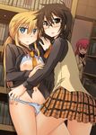  andou_nene ass blonde_hair blood blue_eyes blush breasts brown_eyes brown_hair commentary_request female_pervert frottage glasses highres hyakko kageyama_torako kazamatsuri_touma leg_between_thighs library long_hair multiple_girls navel necktie nipples nosebleed open_clothes open_shirt panties panty_pull peeping pervert pikachi ponytail pussy_peek red_hair school_uniform shirt shirt_lift short_hair skirt small_breasts striped striped_panties underwear undressing voyeurism yuri 