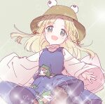  1girl animal_print biyon blonde_hair blush brown_headwear cowboy_shot frog_print grey_eyes hair_ribbon hat long_hair long_sleeves moriya_suwako open_mouth purple_skirt purple_vest red_ribbon ribbon shirt skirt smile solo sparkle touhou tress_ribbon vest white_shirt wide_sleeves 