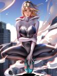  1girl ballet_slippers blonde_hair blurry blurry_background bodysuit breasts city gwen_stacy hairband highres holding_own_arm hooded_bodysuit knees_apart_feet_together liang_xing looking_at_viewer marvel parted_lips smile solo spider-gwen spider-man_(series) tiptoes 