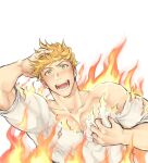  1boy bangs bara blonde_hair blush granblue_fantasy green_eyes hand_on_own_head large_pectorals looking_at_viewer male_focus muscular muscular_male open_mouth pectorals sat_0804 shirt simple_background smile solo torn_clothes torn_shirt vane_(granblue_fantasy) white_background white_shirt 