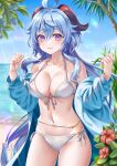  1girl beach breasts ganyu_(genshin_impact) genshin_impact goat_horns horns large_breasts looking_at_viewer natsume_koji ocean purple_eyes solo 