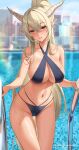  1girl alternate_costume arknights bangs bare_arms bare_shoulders bikini blonde_hair blue_bikini blurry blurry_background blush breasts collarbone cowboy_shot crossed_bangs green_nails highres horns large_breasts looking_at_viewer nail_polish navel outdoors pantheon_eve parted_lips patreon_username pointy_ears ponytail pool red_eyes shining_(arknights) sideboob solo swimsuit thighs wet 