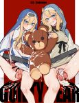  2boys bar_censor blonde_hair bridget_(guilty_gear) censored chastity_cage copyright_name cum cum_on_legs cum_on_object cum_on_penis cum_on_self dual_persona ejaculation erection fingerless_gloves gloves green_eyes grin guilty_gear guilty_gear_strive habit hair_between_eyes highres hood hoodie long_hair looking_at_viewer male_focus mirin_chikuwa multiple_boys open_clothes open_hoodie otoko_no_ko outline parted_lips penis projectile_cum red_background roger_(guilty_gear) sitting smile socks stuffed_animal stuffed_toy teddy_bear teeth testicles twitter_username two-tone_background white_background white_outline 