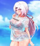  1girl bangs bikini bikini_under_clothes blush breasts clothes_writing contrapposto eyes_visible_through_hair festa11307070 frilled_bikini frills hair_ornament hair_ribbon hairclip highres jewelry large_breasts long_hair looking_at_viewer low_ponytail necklace nijisanji ocean official_alternate_costume open_mouth paid_reward_available pink_bikini pink_hair plaid plaid_bikini red_ribbon ribbon see-through shiina_yuika shirt short_sleeves sky smile solo swimsuit t-shirt taut_clothes taut_shirt very_long_hair virtual_youtuber web_address wet wet_clothes white_shirt 
