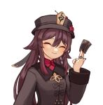  1girl bangs blush brown_hair chinese_clothes closed_eyes flower genshin_impact hair_flaps hair_flower hair_ornament hat high_collar holding hu_tao_(genshin_impact) jacket jewelry long_hair long_sleeves low_twintails meeako multiple_rings nail_polish porkpie_hat ring smile solo talisman twintails 